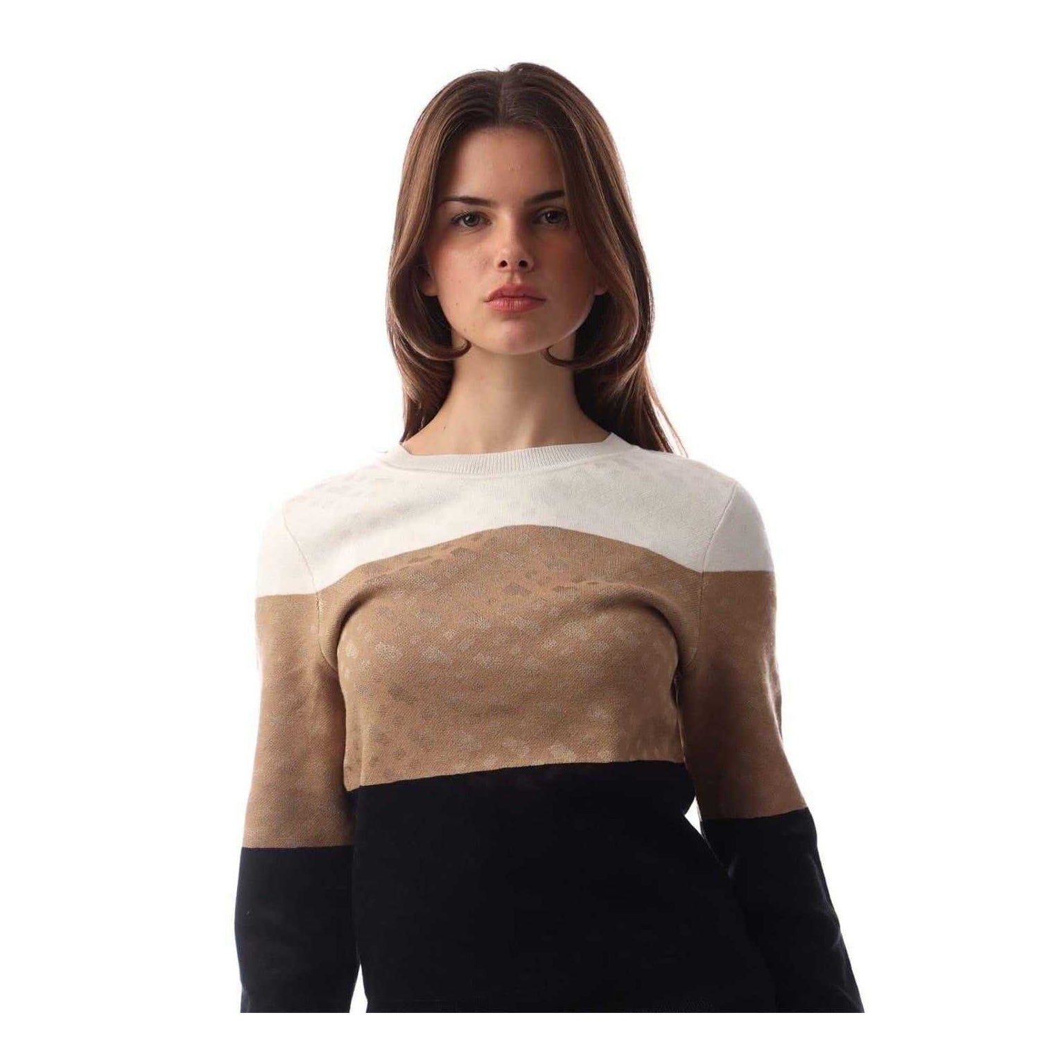 Cream-Tan-Black - Side - Boss Womens-Ladies Fireria Colour Block Crew Neck Sweatshirt