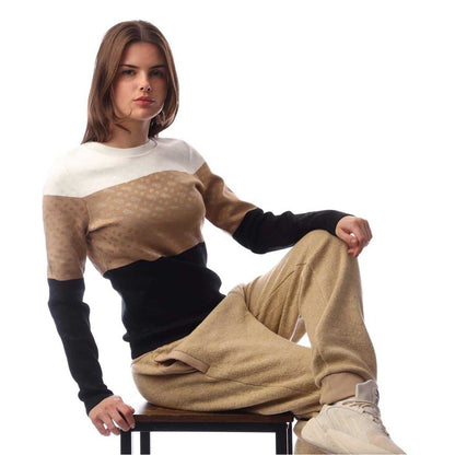 Cream-Tan-Black - Lifestyle - Boss Womens-Ladies Fireria Colour Block Crew Neck Sweatshirt