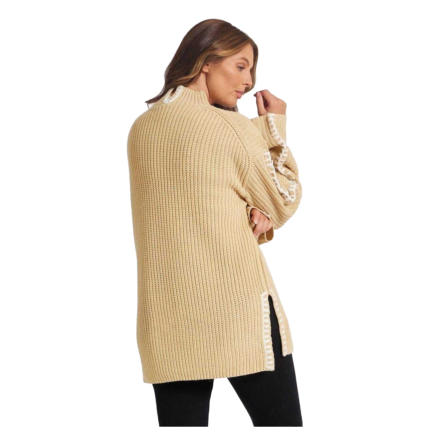 Beige - Back - Be You Womens-Ladies Contrast Stitching Jumper