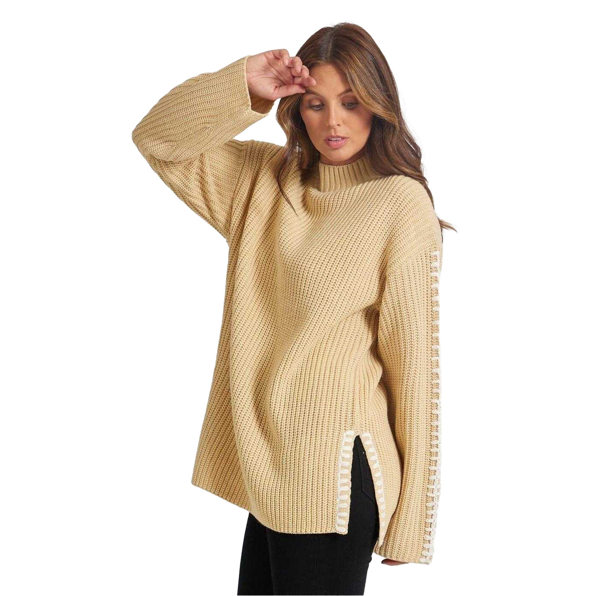 Beige - Side - Be You Womens-Ladies Contrast Stitching Jumper