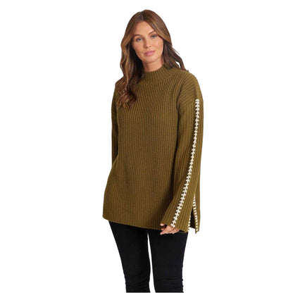 Khaki - Front - Be You Womens-Ladies Contrast Stitching Jumper