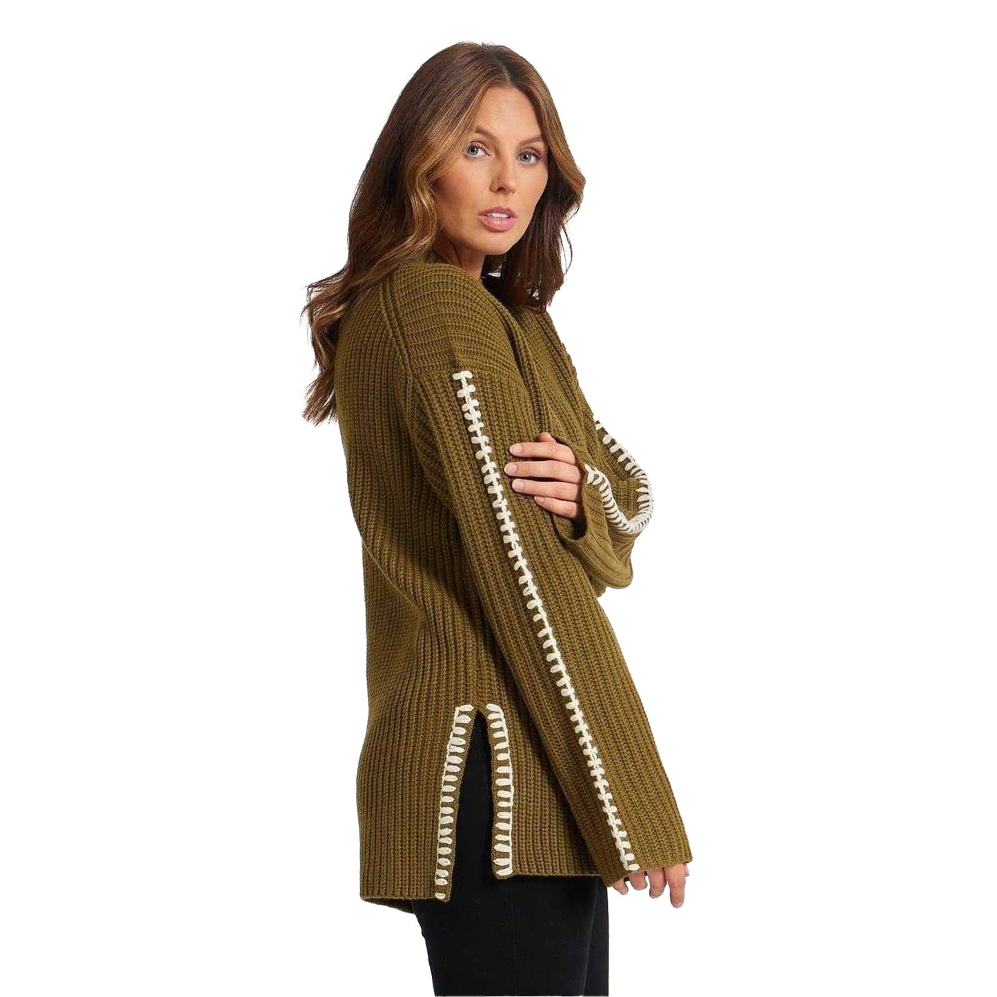 Khaki - Back - Be You Womens-Ladies Contrast Stitching Jumper