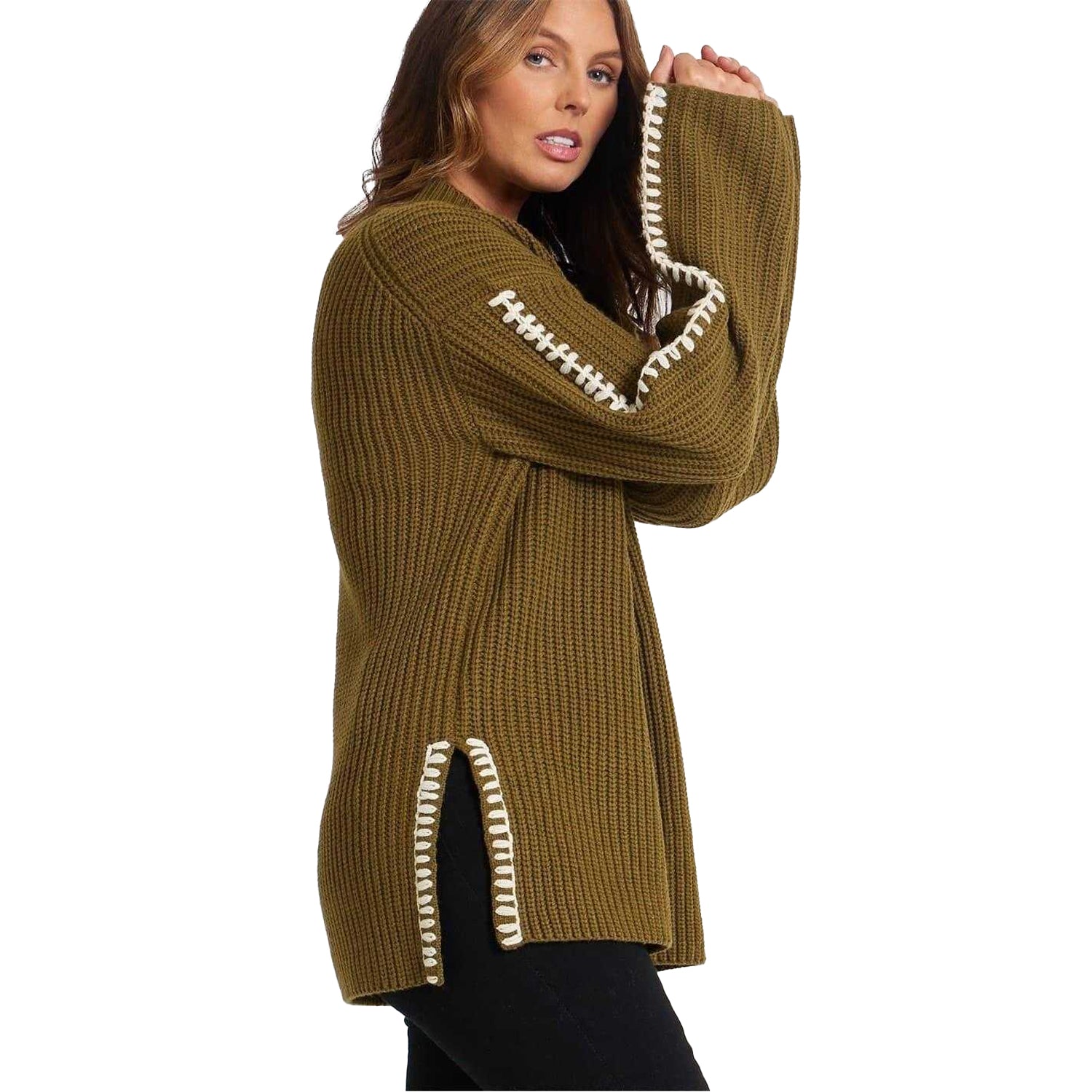 Khaki - Side - Be You Womens-Ladies Contrast Stitching Jumper