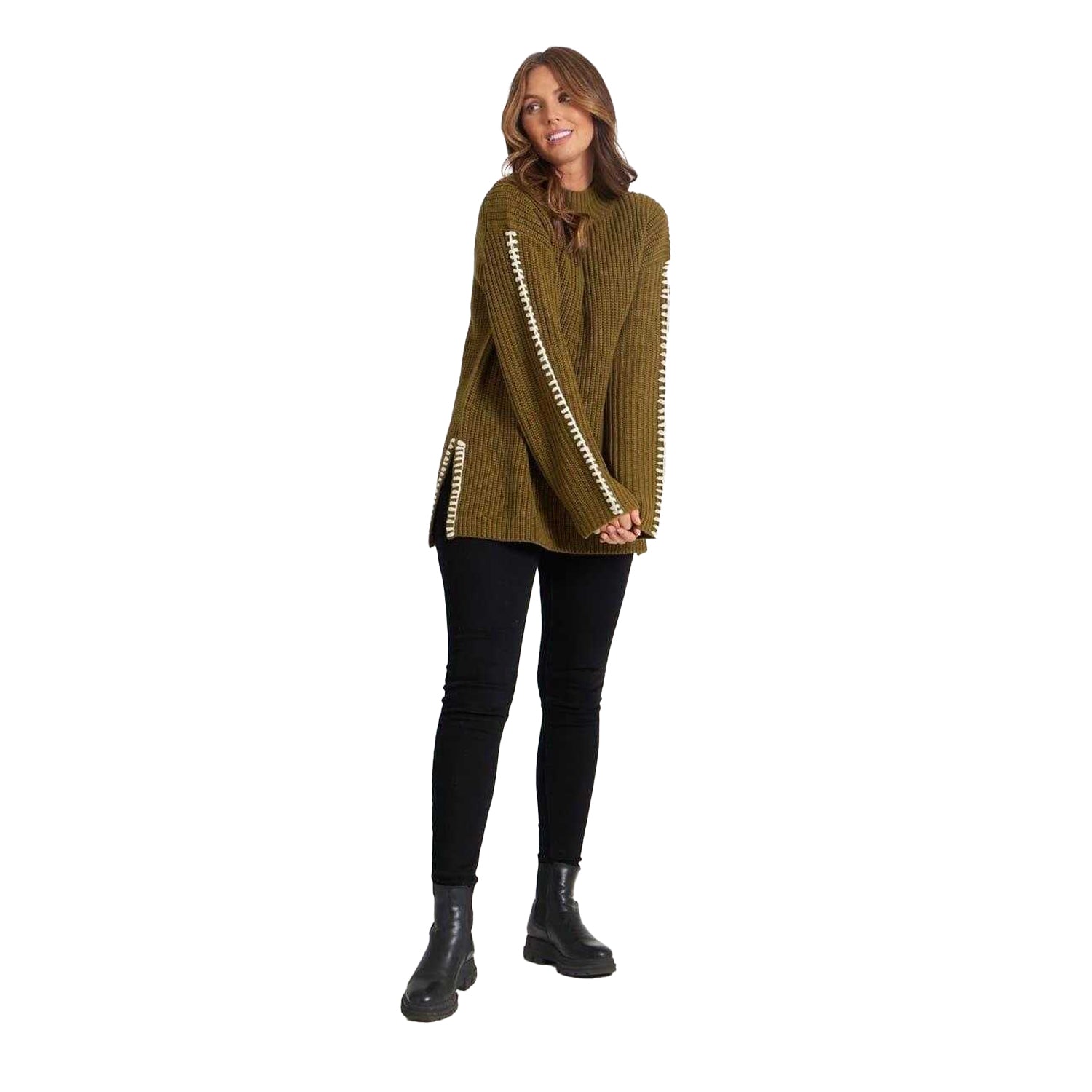 Khaki - Lifestyle - Be You Womens-Ladies Contrast Stitching Jumper