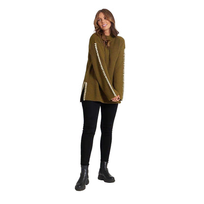 Khaki - Lifestyle - Be You Womens-Ladies Contrast Stitching Jumper