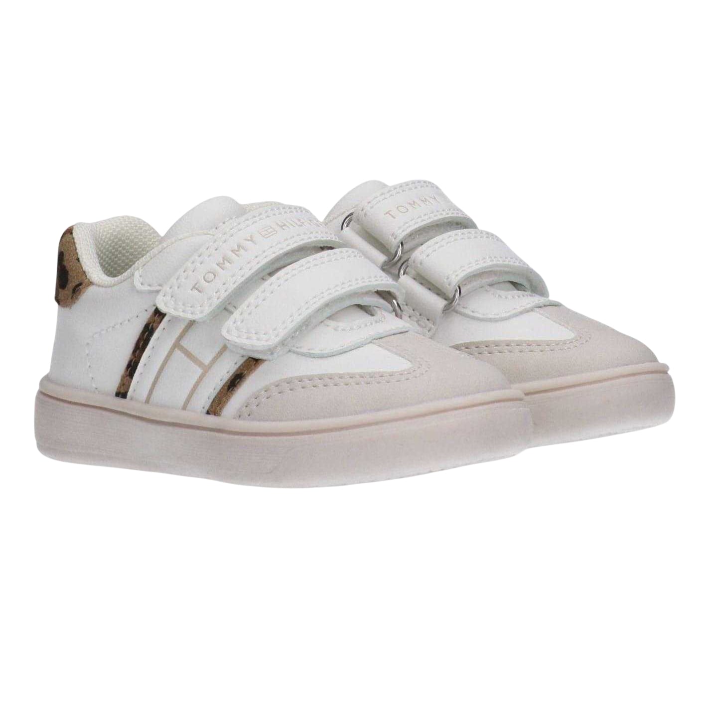 White-Leopard - Side - Tommy Hilfiger Childrens-Kids Leopard Print Hook and Loop Trainers