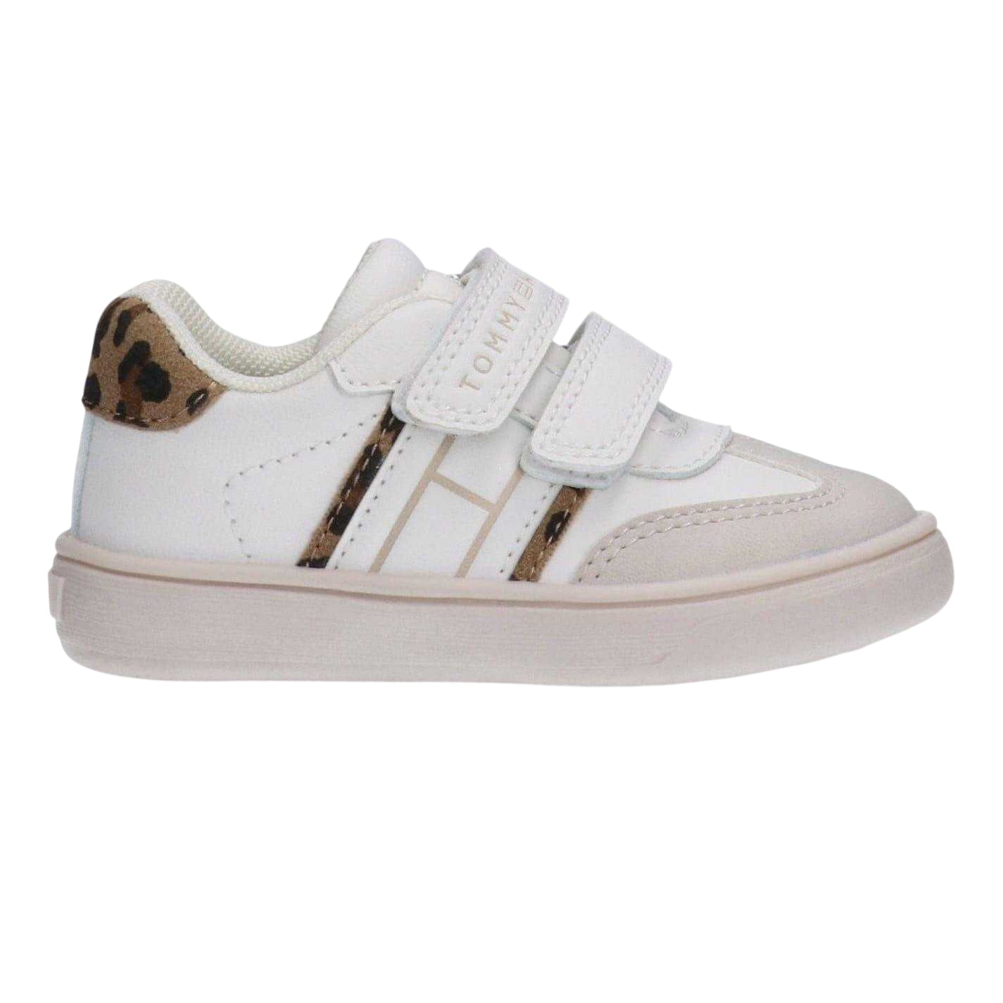 White-Leopard - Front - Tommy Hilfiger Childrens-Kids Leopard Print Hook and Loop Trainers