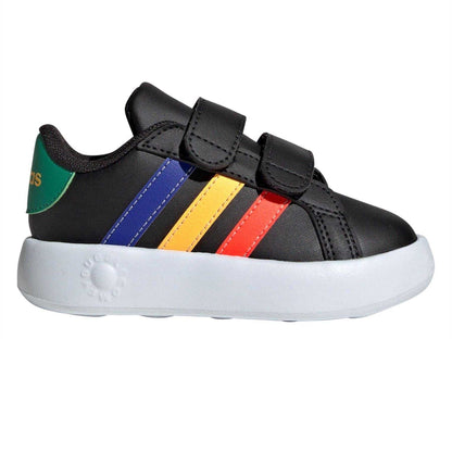 Core Black - Front - Adidas Childrens-Kids Court 2.0 Striped Trainers