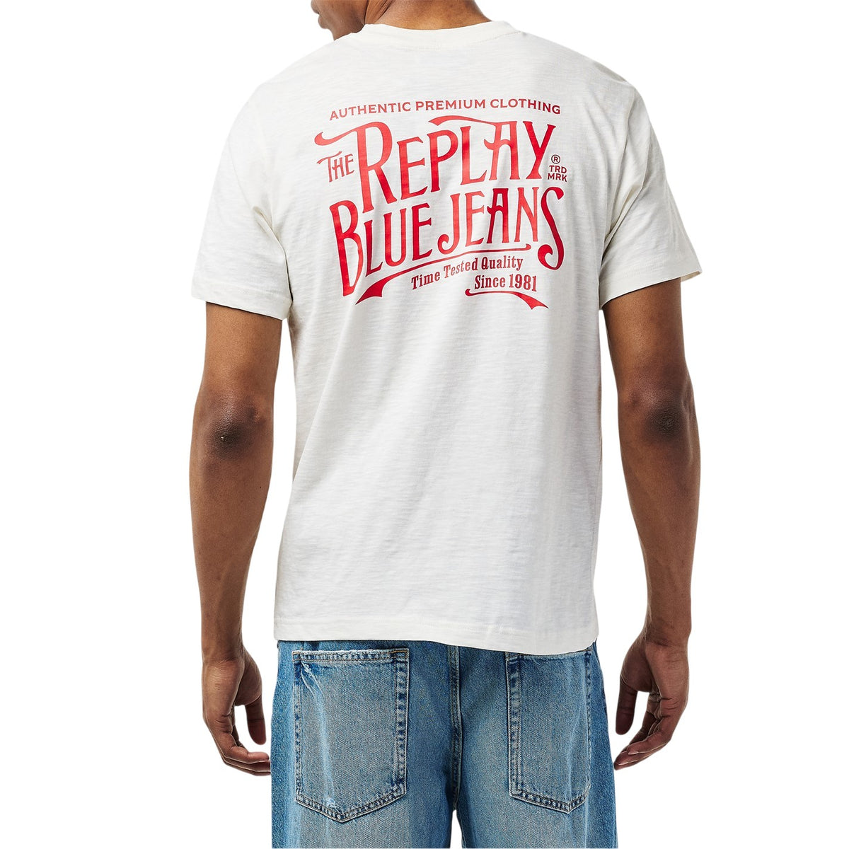White - Lifestyle - Replay Mens Back Jeans Logo T-Shirt