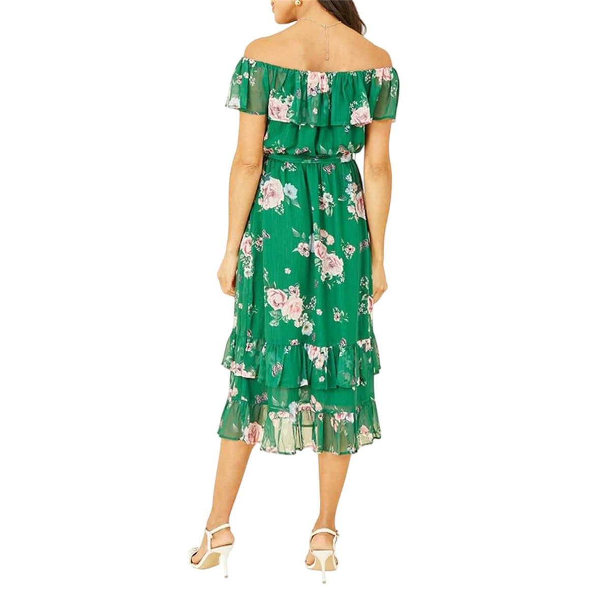 Green - Back - Yumi Womens-Ladies Floral Off Shoulder Midi Dress