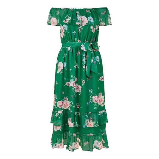 Green - Front - Yumi Womens-Ladies Floral Off Shoulder Midi Dress