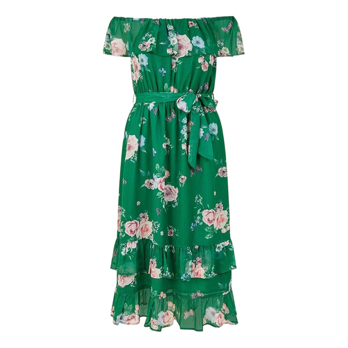 Green - Front - Yumi Womens-Ladies Floral Off Shoulder Midi Dress