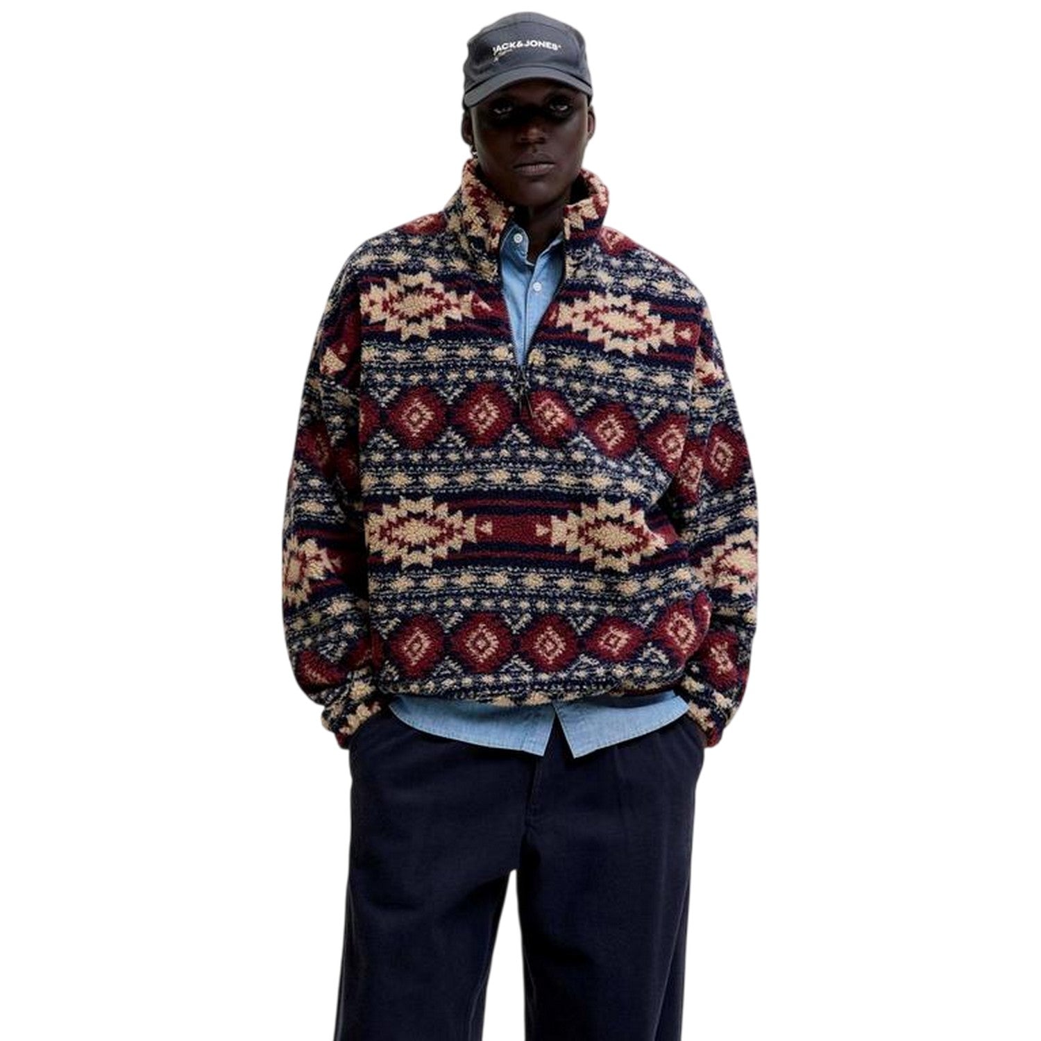 Navy Blazer - Side - Jack And Jones Mens Eddie Teddy Fleece Half Zip Sweatshirt