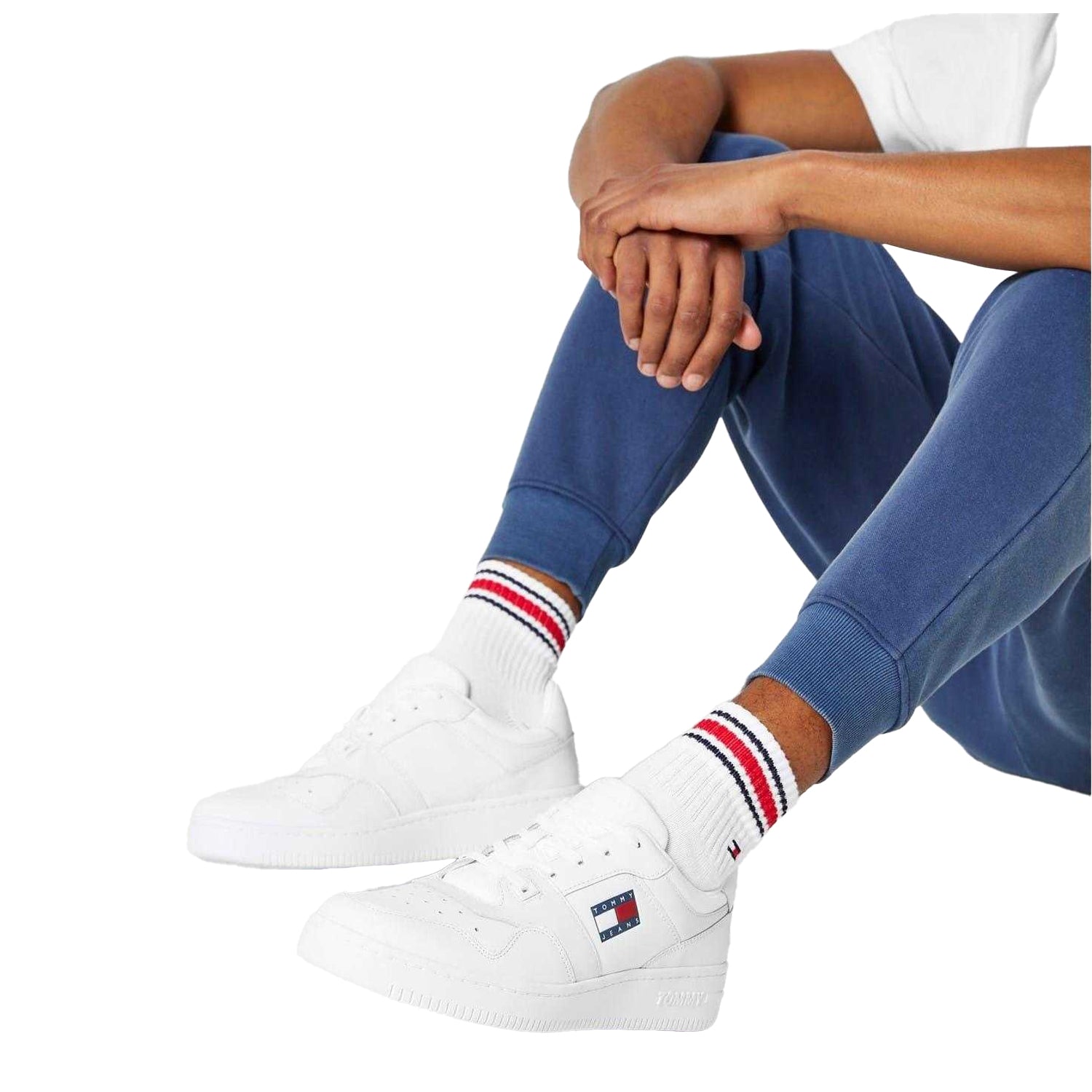White-Black - Pack Shot - Tommy Jeans Mens Leather Basketball Cupsole Trainers