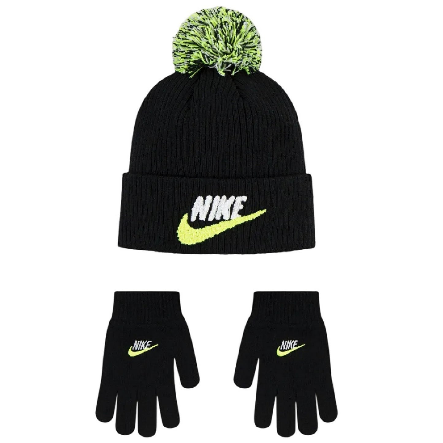 Black - Front - Nike Childrens-Kids Club Chen Winter Beanie & Gloves Set