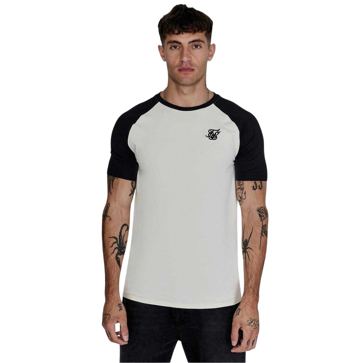 Ecru-Black - Front - SikSilk Mens Logo Crew Neck Raglan T-Shirt