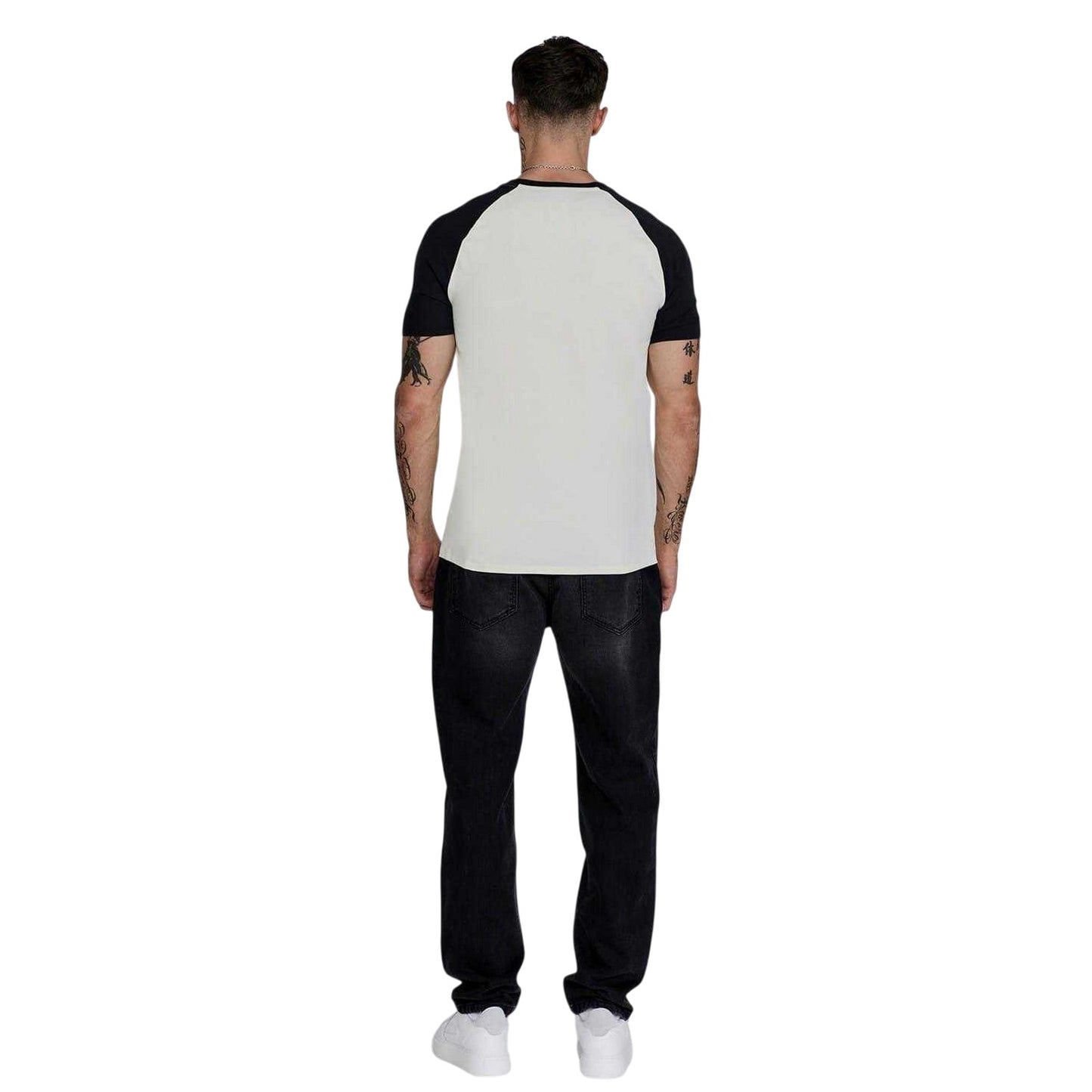 Ecru-Black - Back - SikSilk Mens Logo Crew Neck Raglan T-Shirt