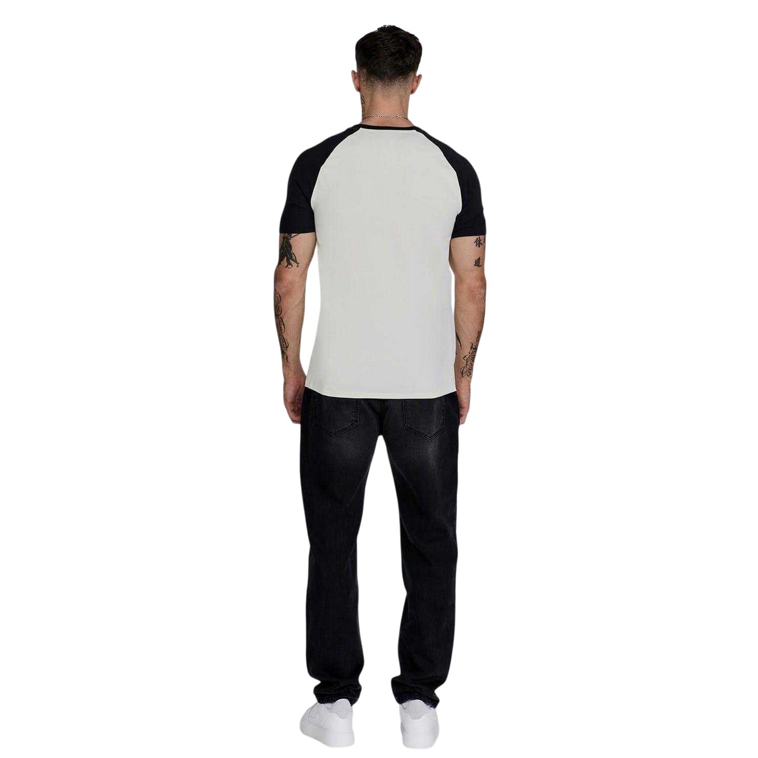 Ecru-Black - Back - SikSilk Mens Logo Crew Neck Raglan T-Shirt