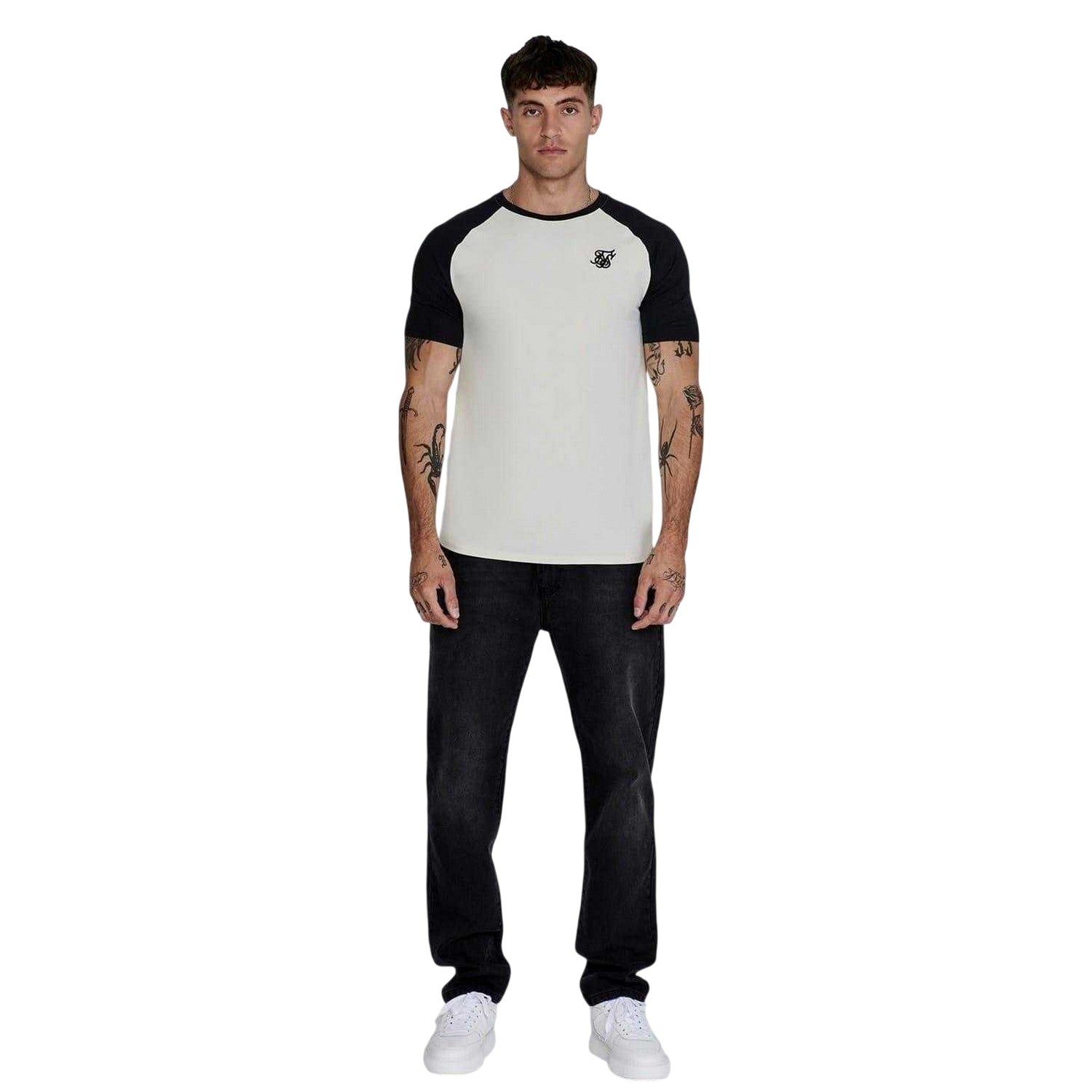 Ecru-Black - Side - SikSilk Mens Logo Crew Neck Raglan T-Shirt