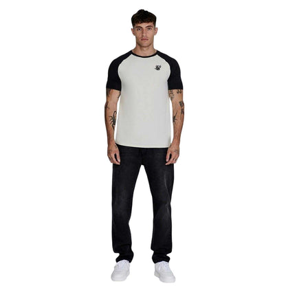 Ecru-Black - Side - SikSilk Mens Logo Crew Neck Raglan T-Shirt