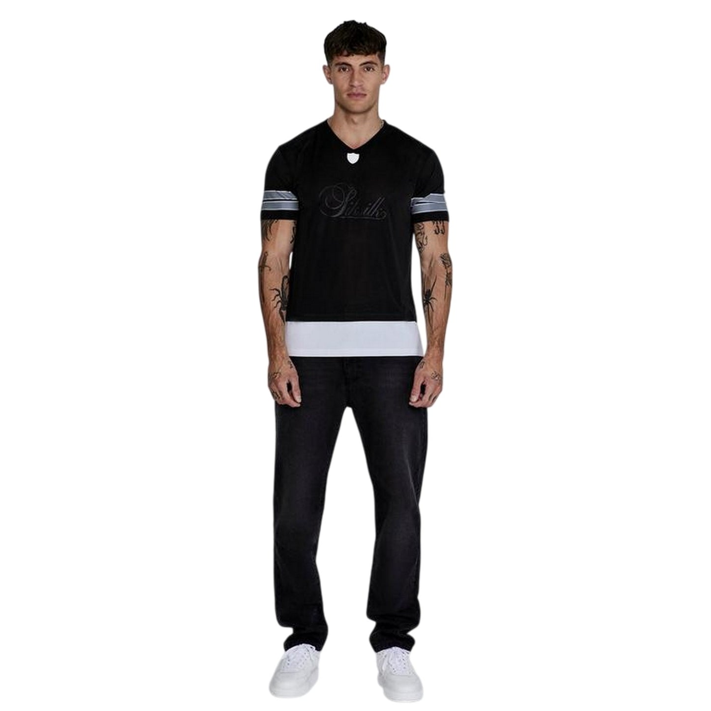 Black - Side - SikSilk Mens V Neck Slim Short-Sleeved T-Shirt