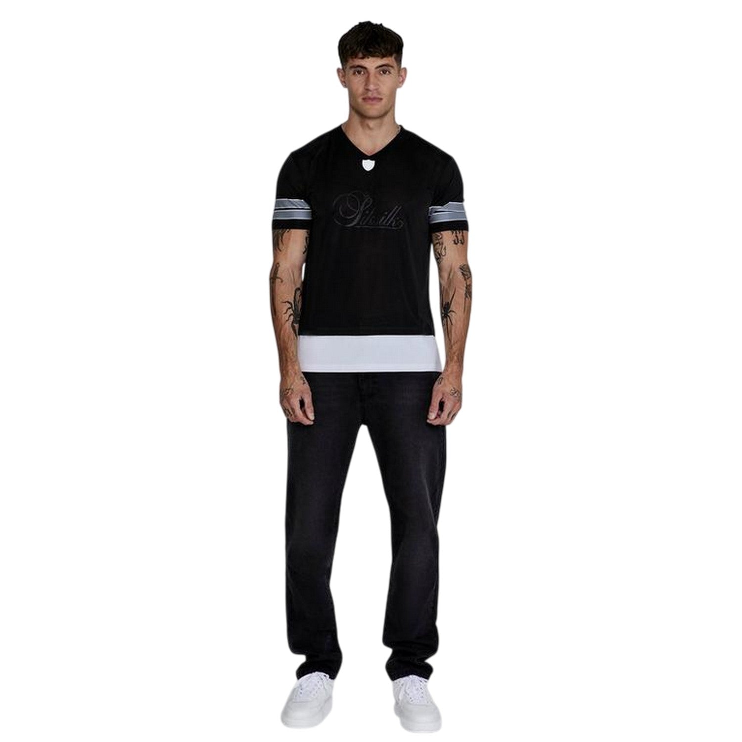 Black - Side - SikSilk Mens V Neck Slim Short-Sleeved T-Shirt