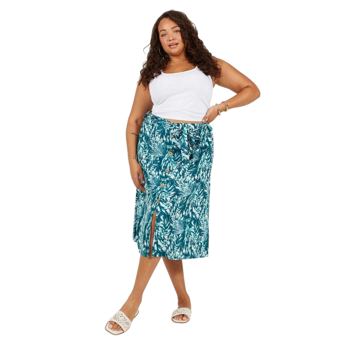 Green Leaf - Side - Brave Soul Womens-Ladies Tropical Plus Midi Skirt