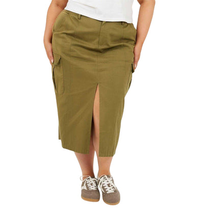 Khaki Green - Front - Brave Soul Womens-Ladies Denim Plus Cargo Skirt
