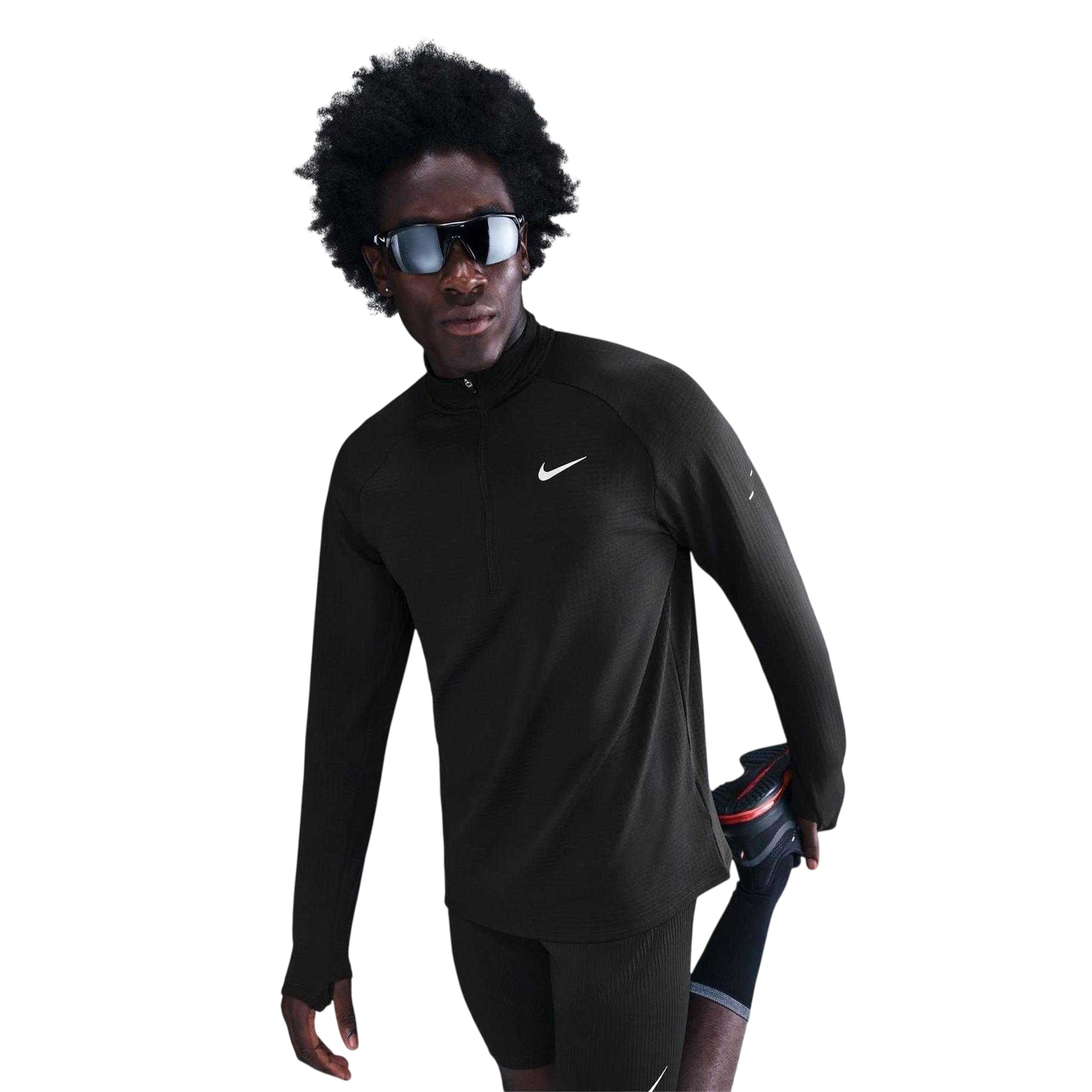 Black - Side - Nike Mens Quarter Zip Running Base Layer Top