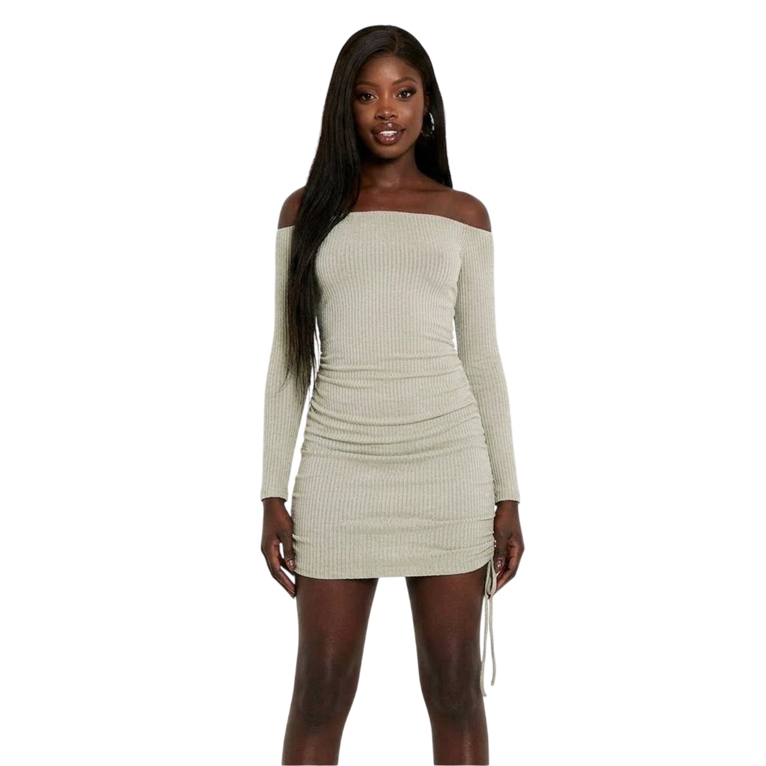 Sage - Front - Missy Empire Womens-Ladies Ruched Off Shoulder Mini Dress