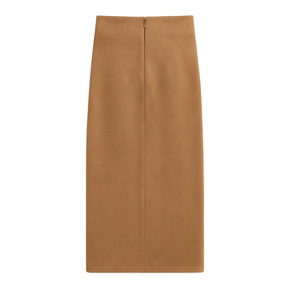 Brown - Back - I Saw It First Womens-Ladies Faux Suede Twisted Knot Front Midi Skirt