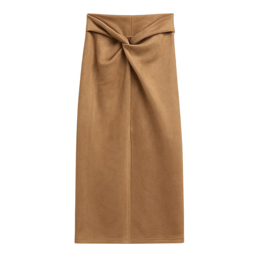 Brown - Front - I Saw It First Womens-Ladies Faux Suede Twisted Knot Front Midi Skirt