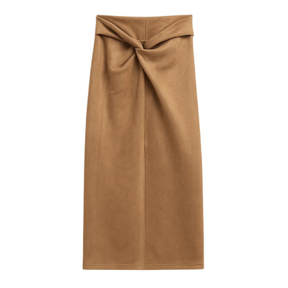 Brown - Front - I Saw It First Womens-Ladies Faux Suede Twisted Knot Front Midi Skirt