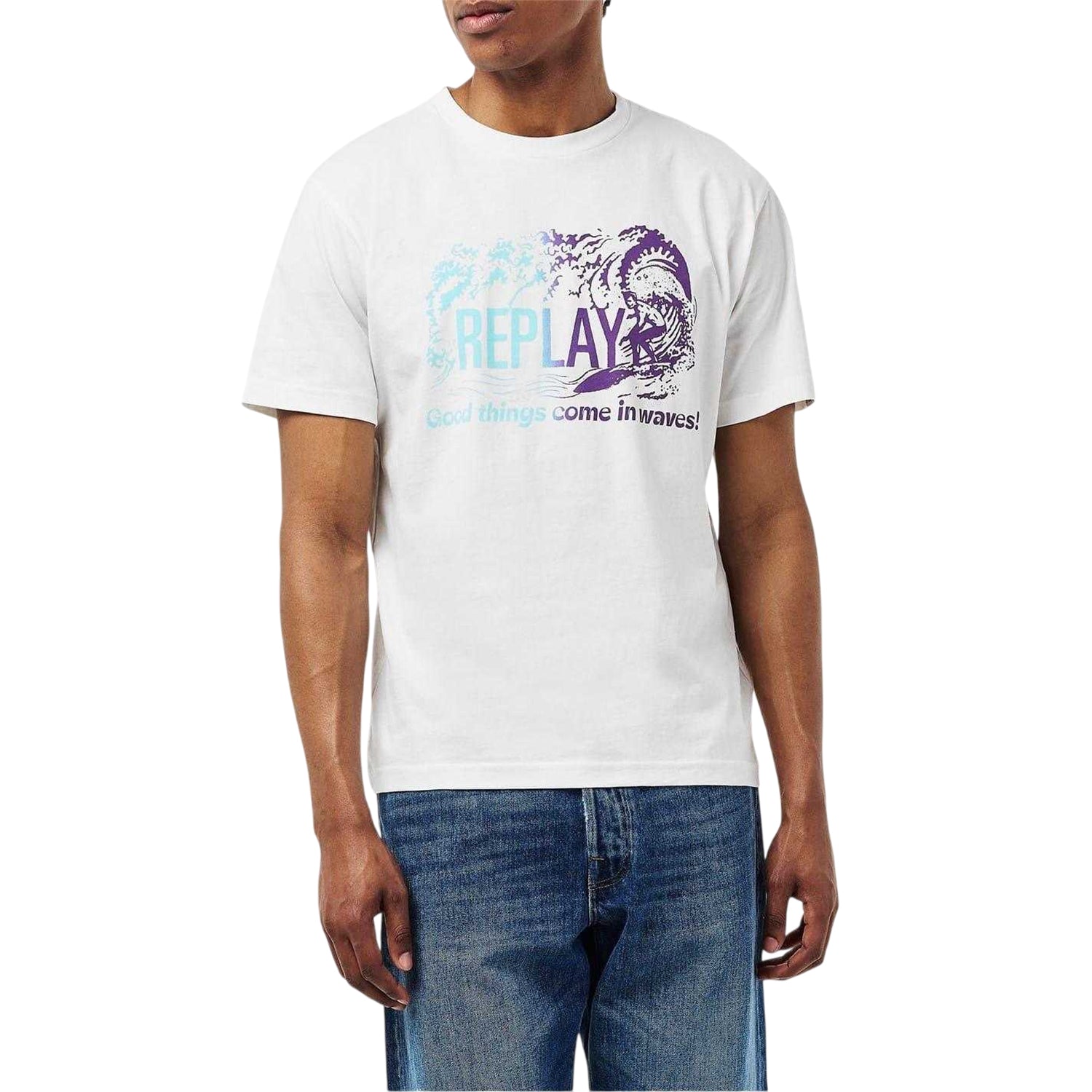 White - Side - Replay Mens Waves Logo T-Shirt