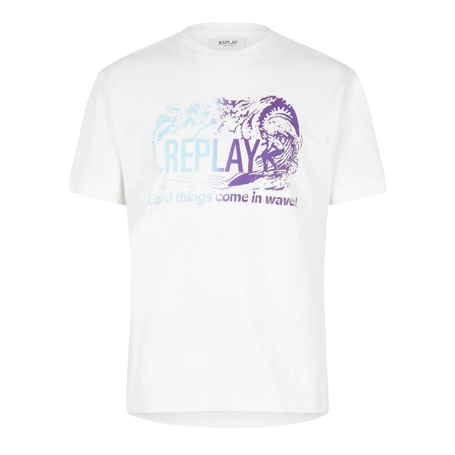 White - Front - Replay Mens Waves Logo T-Shirt