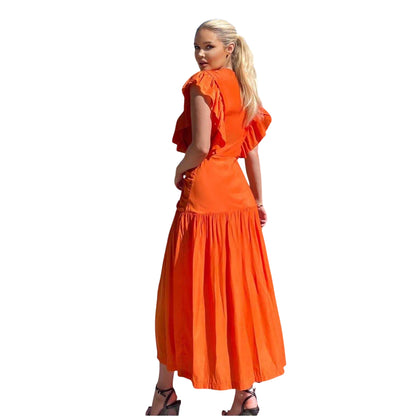 Orange - Back - AX Paris Womens-Ladies Polyester Frill Shoulder Midi Dress