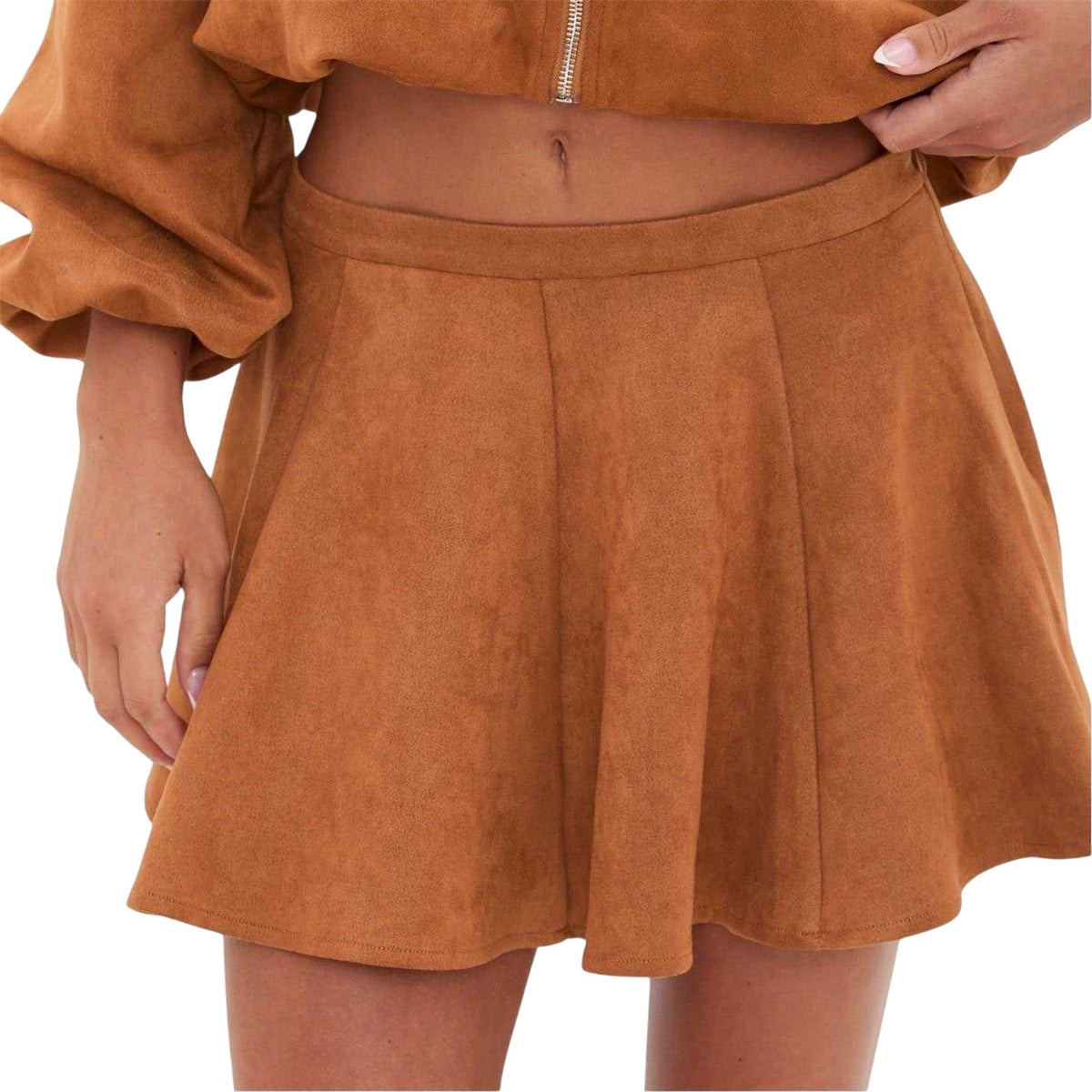 Tan - Side - I Saw It First Womens-Ladies Faux Suede Pleated Skater Skirt