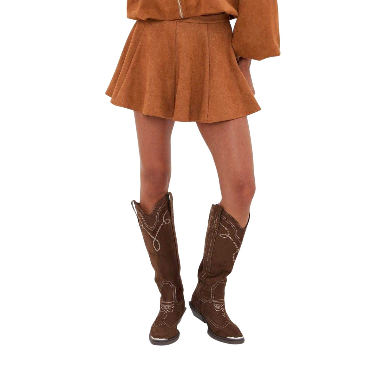 Tan - Lifestyle - I Saw It First Womens-Ladies Faux Suede Pleated Skater Skirt