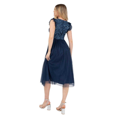 French Navy - Back - Deluxe Womens-Ladies Sequin A-line Midi Dress
