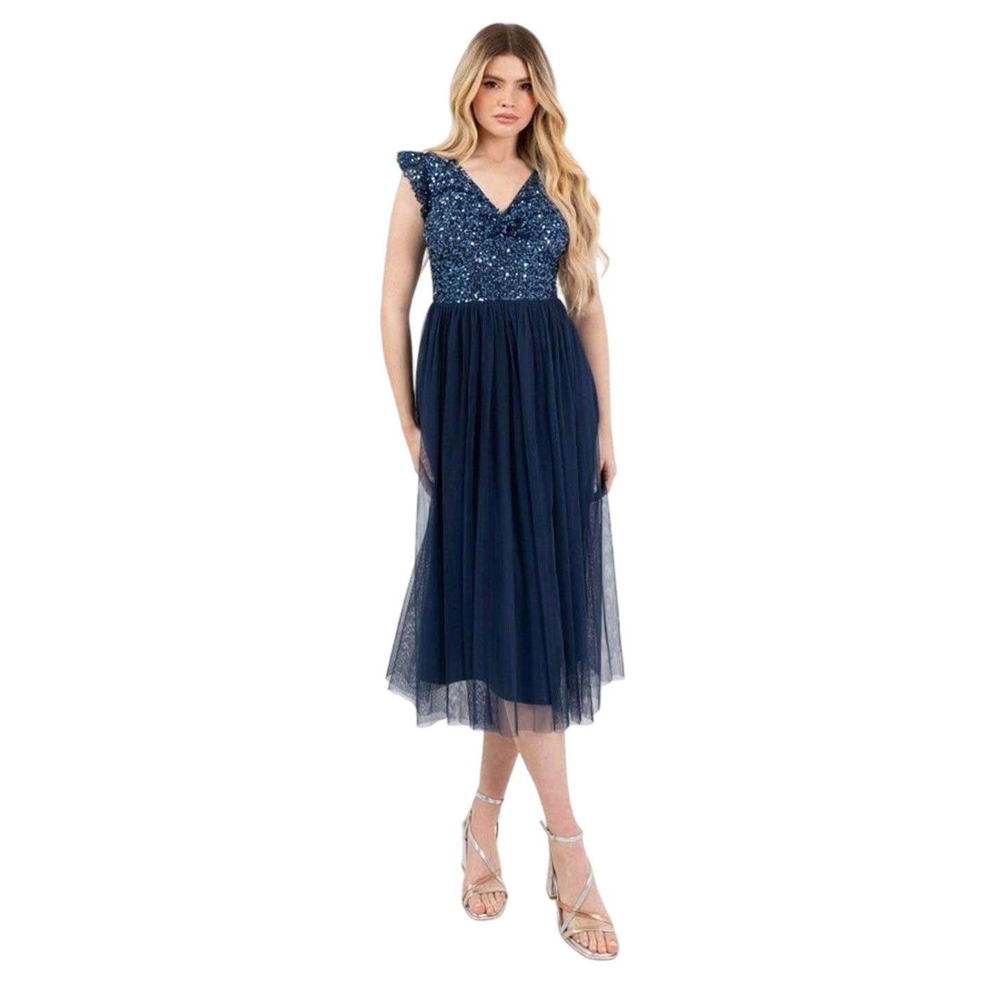 French Navy - Front - Deluxe Womens-Ladies Sequin A-line Midi Dress