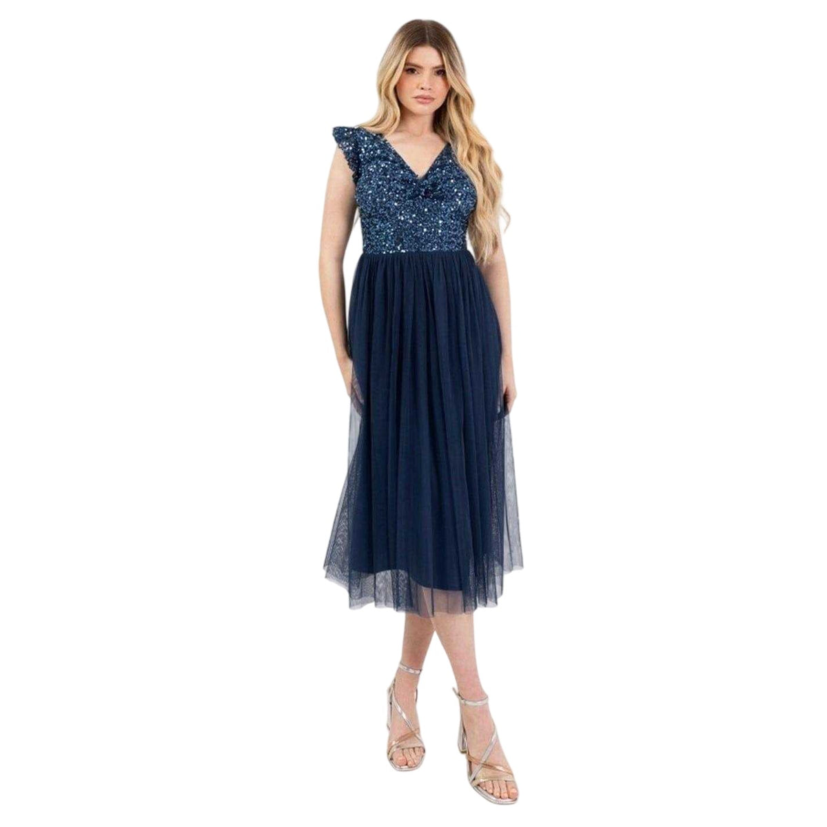 French Navy - Front - Deluxe Womens-Ladies Sequin A-line Midi Dress
