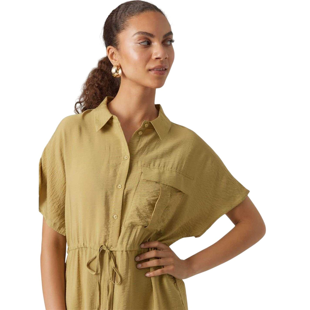 Khaki - Side - Vero Moda Womens-Ladies Iris Collared Midi Shirt Dress