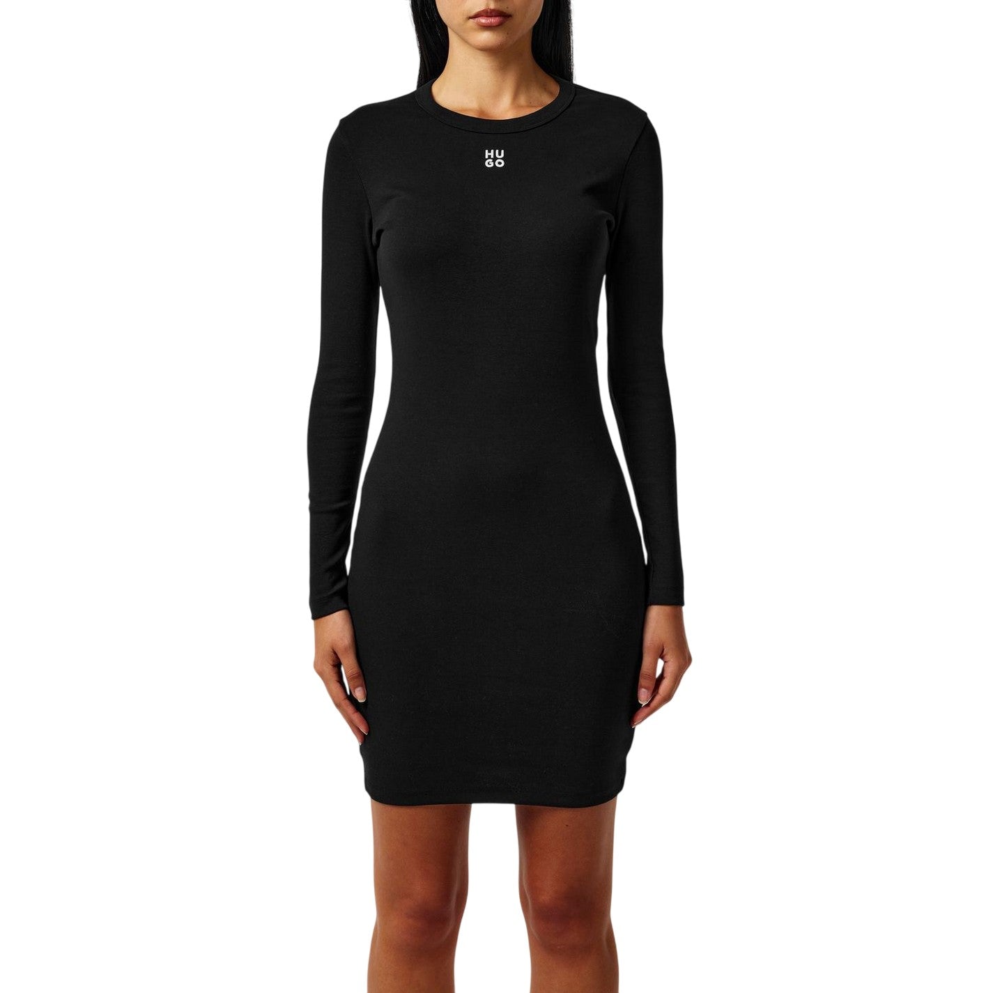 Black - Side - Hugo Womens-Ladies Crew Neck Long-Sleeved Bodycon Dress