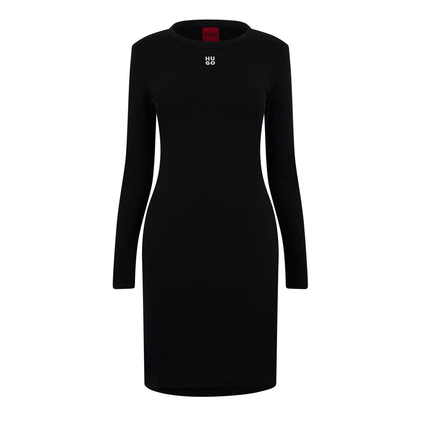 Black - Front - Hugo Womens-Ladies Crew Neck Long-Sleeved Bodycon Dress