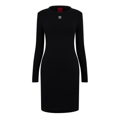 Black - Front - Hugo Womens-Ladies Crew Neck Long-Sleeved Bodycon Dress