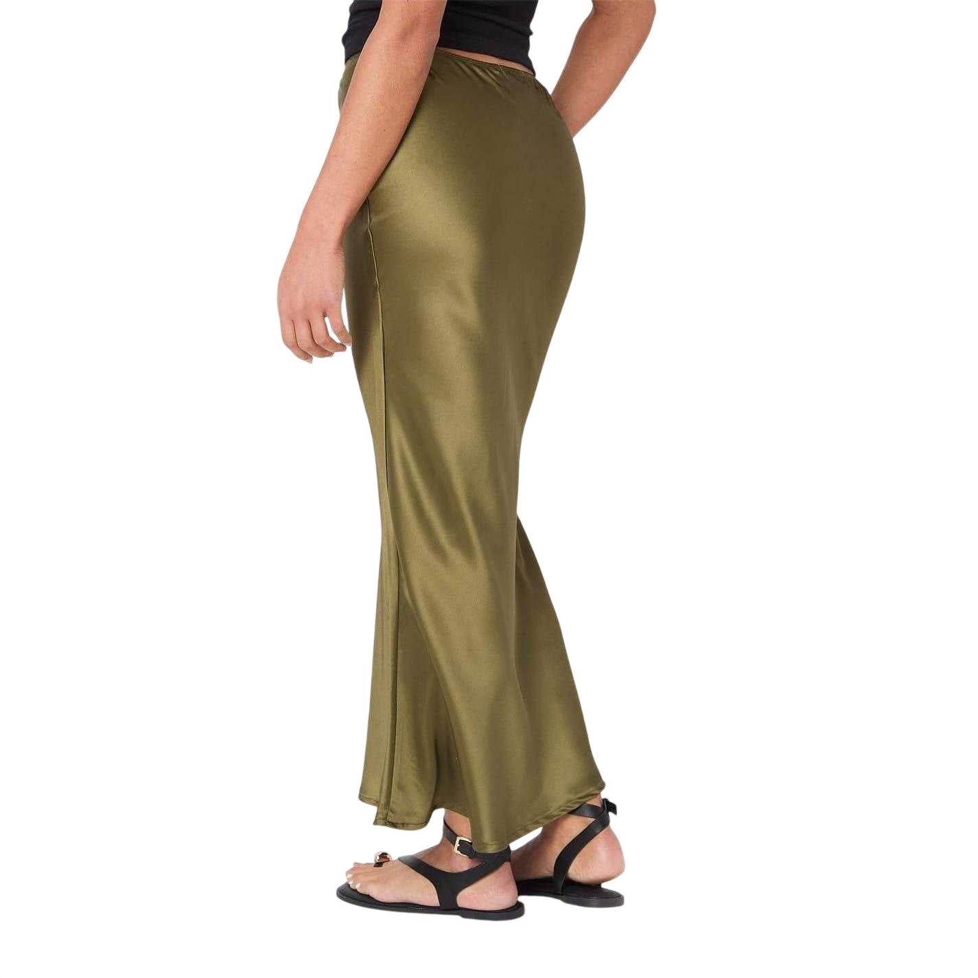 Khaki Green - Back - I Saw It First Womens-Ladies Satin Maxi Skirt
