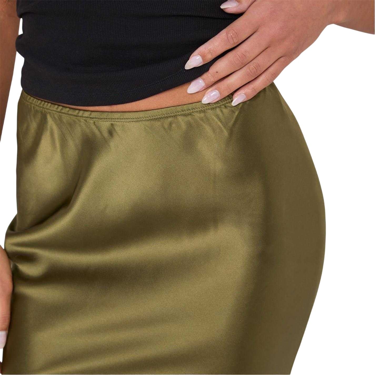 Khaki Green - Side - I Saw It First Womens-Ladies Satin Maxi Skirt