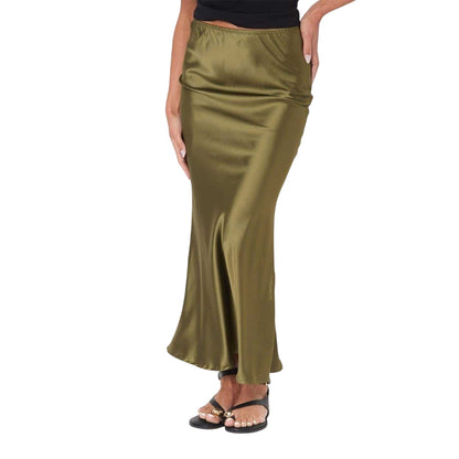 Khaki Green - Front - I Saw It First Womens-Ladies Satin Maxi Skirt