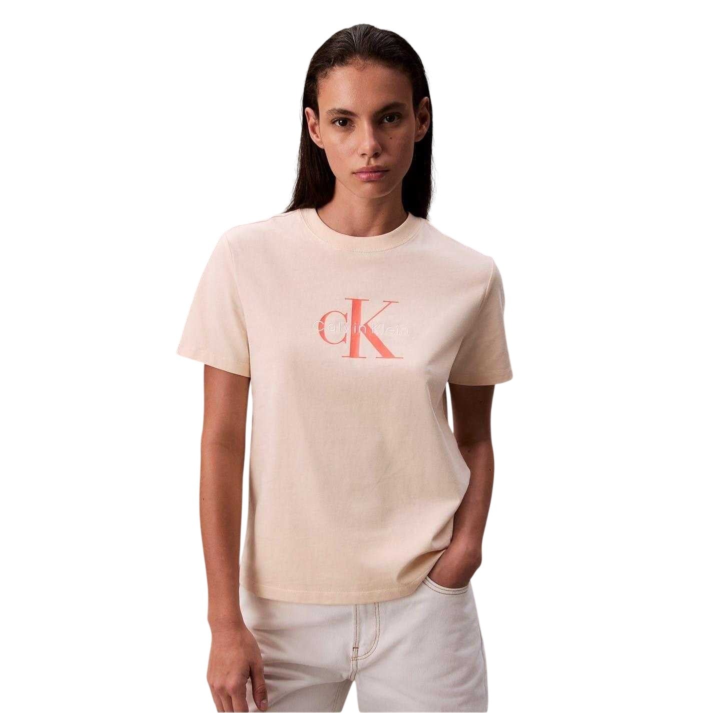 Sand - Front - Calvin Klein Womens-Ladies Monogram Crew Neck T-Shirt