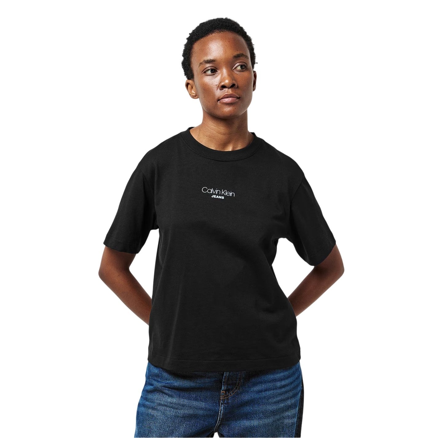 Black - Side - Calvin Klein Womens-Ladies Lettering Boxy Short-Sleeved T-Shirt